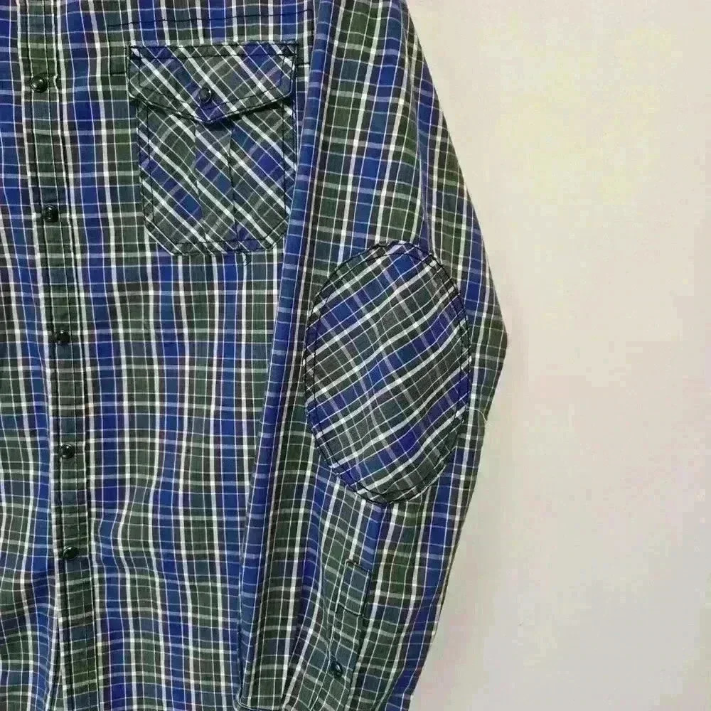 Mens Kenneth Cole Reaction Blue Green Black Plaid W Western Snaps - Sz L - Picture 5 of 8